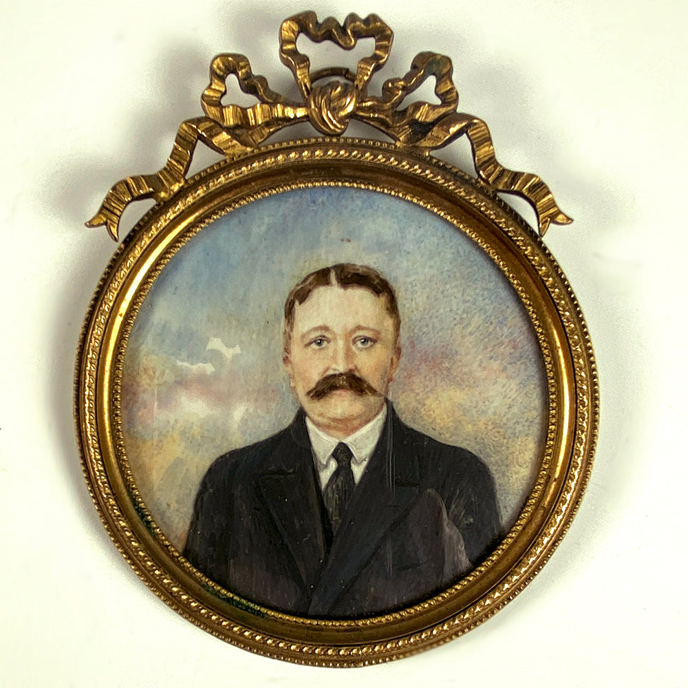 Antique French Portrait Miniature, Napoleon III Era, Gentleman with Mustache, Impressionist and Bow Top Frame