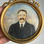 Antique French Portrait Miniature, Napoleon III Era, Gentleman with Mustache, Impressionist and Bow Top Frame