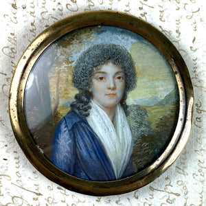 Antique c.1750s French Portrait Miniature, Beautiful Young Woman, Landscape