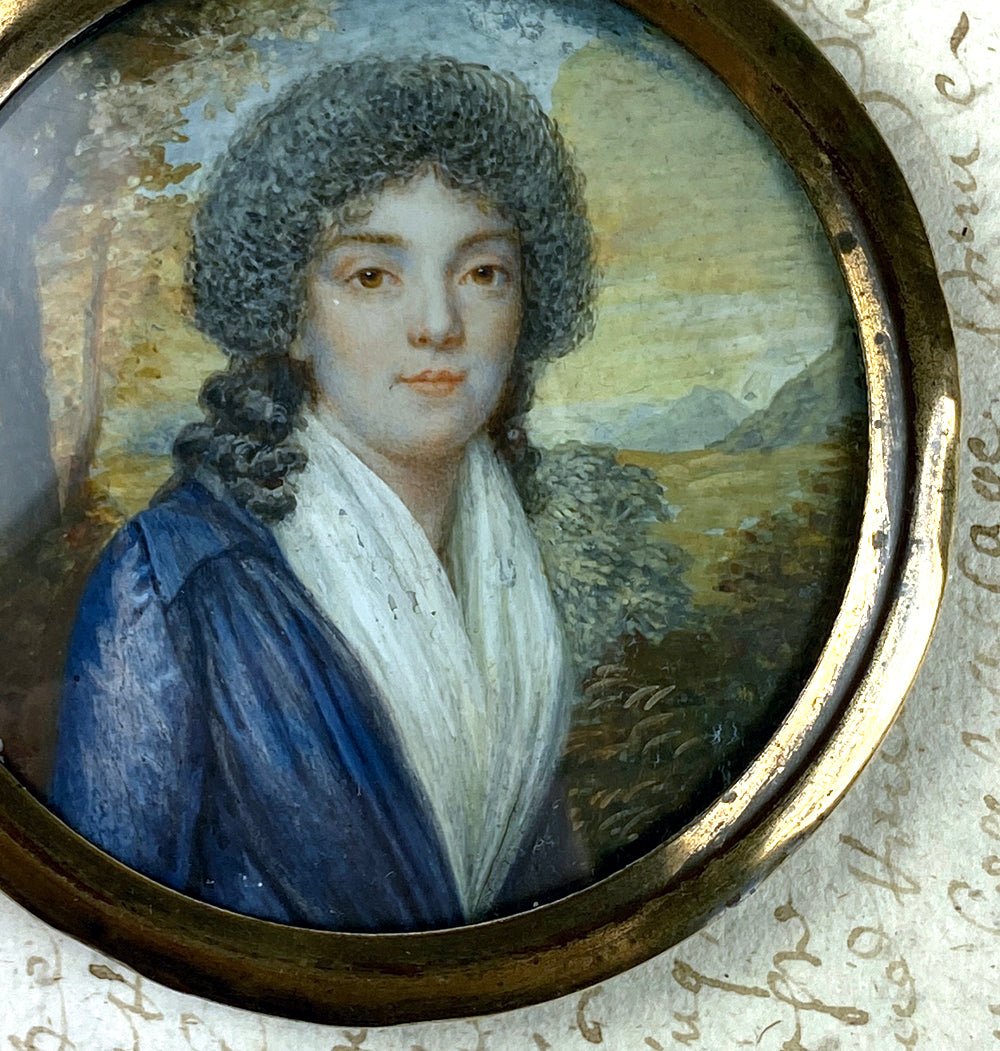 Antique c.1750s French Portrait Miniature, Beautiful Young Woman, Landscape