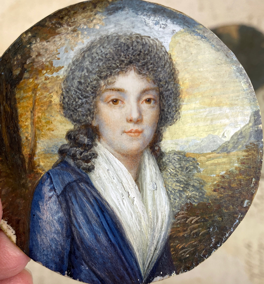 Antique c.1750s French Portrait Miniature, Beautiful Young Woman, Landscape