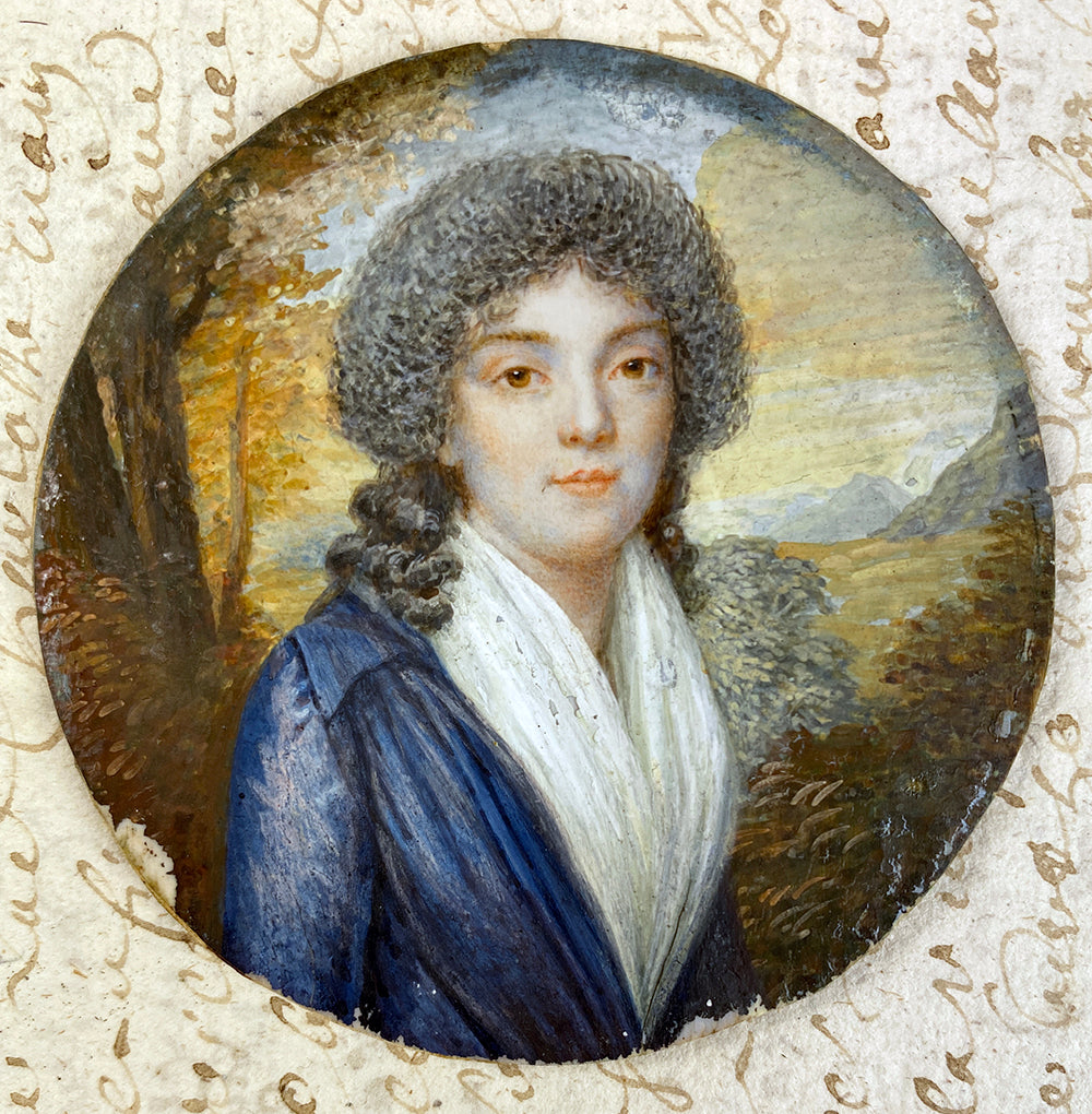 Antique c.1750s French Portrait Miniature, Beautiful Young Woman, Landscape