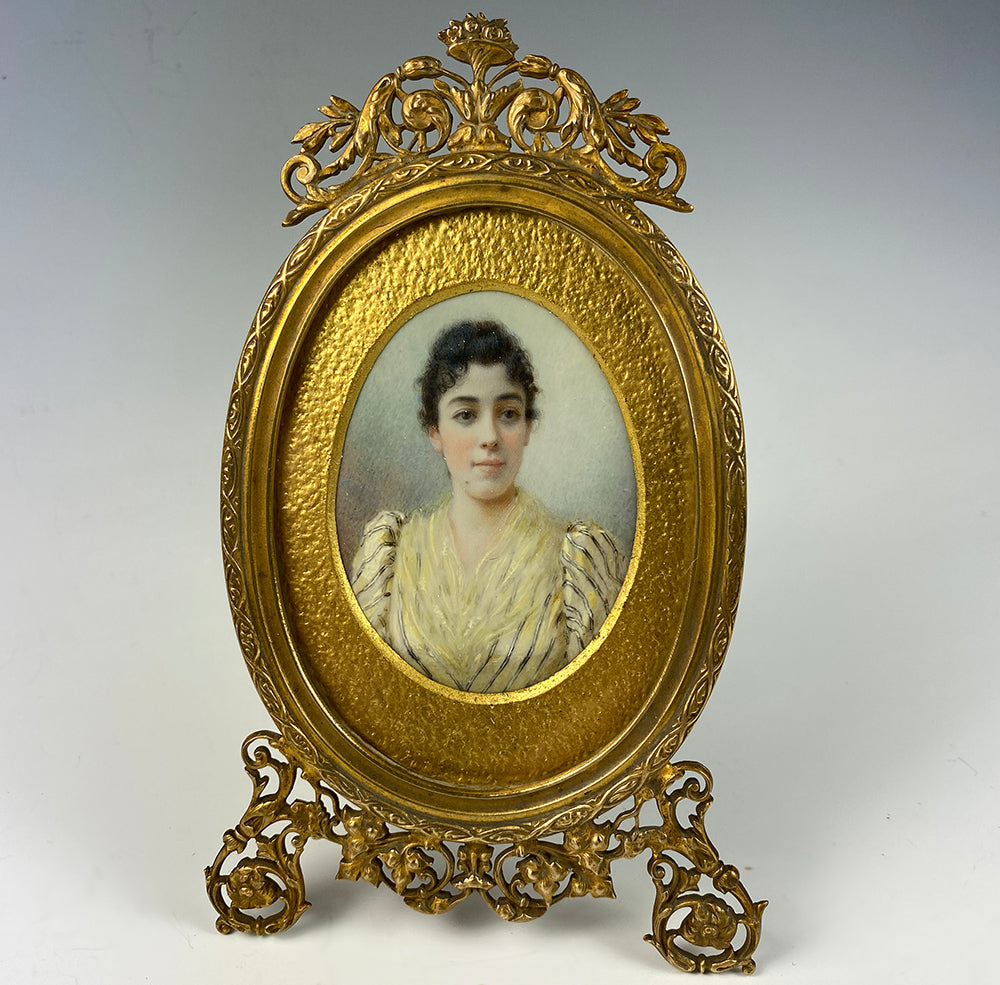 Antique French Portrait Miniature, signed, dated 1893, in Superb Dore Bronze Frame