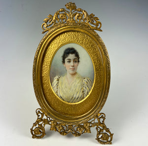 Antique French Portrait Miniature, signed, dated 1893, in Superb Dore Bronze Frame