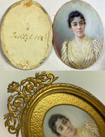 Antique French Portrait Miniature, signed, dated 1893, in Superb Dore Bronze Frame