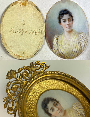 Antique French Portrait Miniature, signed, dated 1893, in Superb Dore Bronze Frame