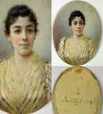 Antique French Portrait Miniature, signed, dated 1893, in Superb Dore Bronze Frame