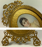 Antique French Portrait Miniature, signed, dated 1893, in Superb Dore Bronze Frame