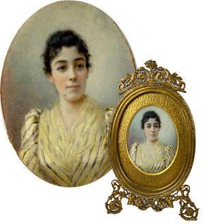 Antique French Portrait Miniature, signed, dated 1893, in Superb Dore Bronze Frame