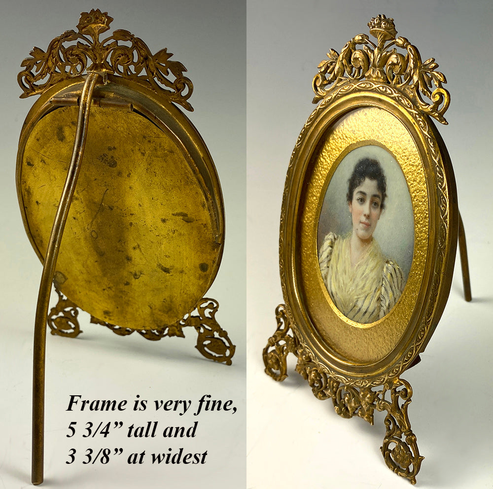 Antique French Portrait Miniature, signed, dated 1893, in Superb Dore Bronze Frame