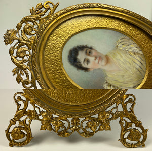 Antique French Portrait Miniature, signed, dated 1893, in Superb Dore Bronze Frame