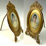 Antique French Portrait Miniature, signed, dated 1893, in Superb Dore Bronze Frame