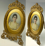 Antique French Portrait Miniature, signed, dated 1893, in Superb Dore Bronze Frame