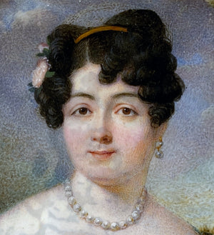 Antique French Empire Portrait Miniature, Beautiful Woman, Tiara, Pearls c.1810-20