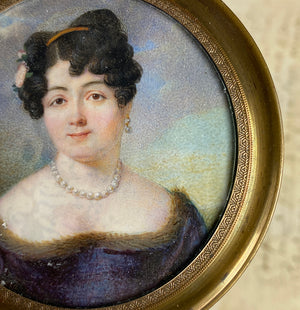 Antique French Empire Portrait Miniature, Beautiful Woman, Tiara, Pearls c.1810-20