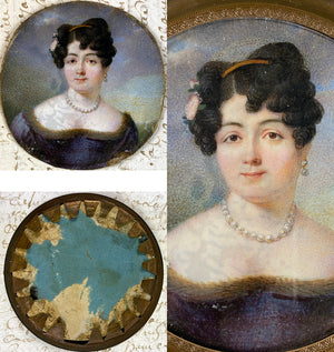 Antique French Empire Portrait Miniature, Beautiful Woman, Tiara, Pearls c.1810-20