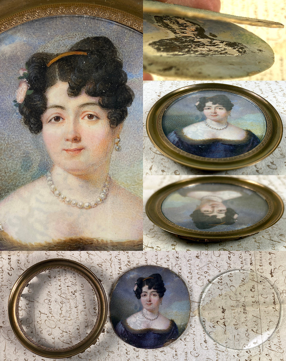 Antique French Empire Portrait Miniature, Beautiful Woman, Tiara, Pearls c.1810-20