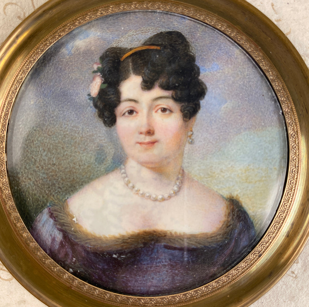 Antique French Empire Portrait Miniature, Beautiful Woman, Tiara, Pearls c.1810-20