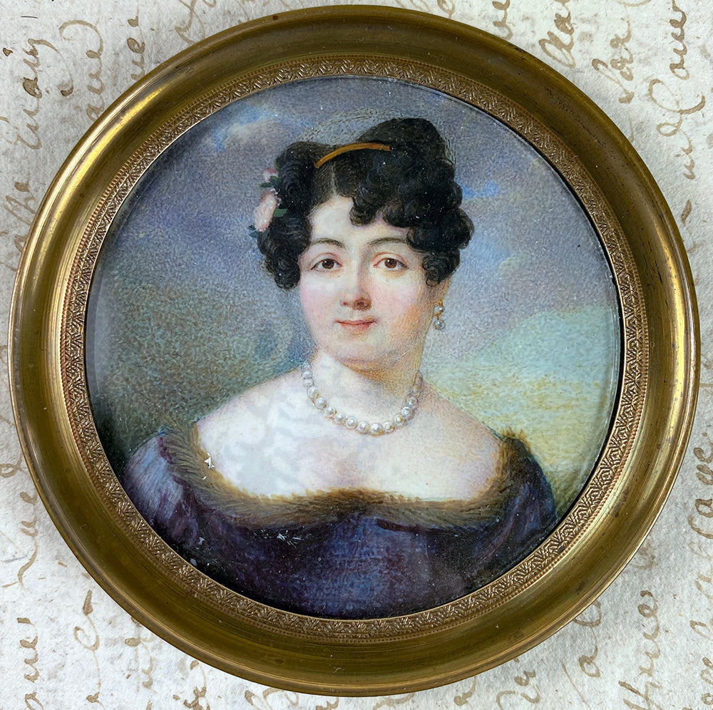 Antique French Empire Portrait Miniature, Beautiful Woman, Tiara, Pearls c.1810-20