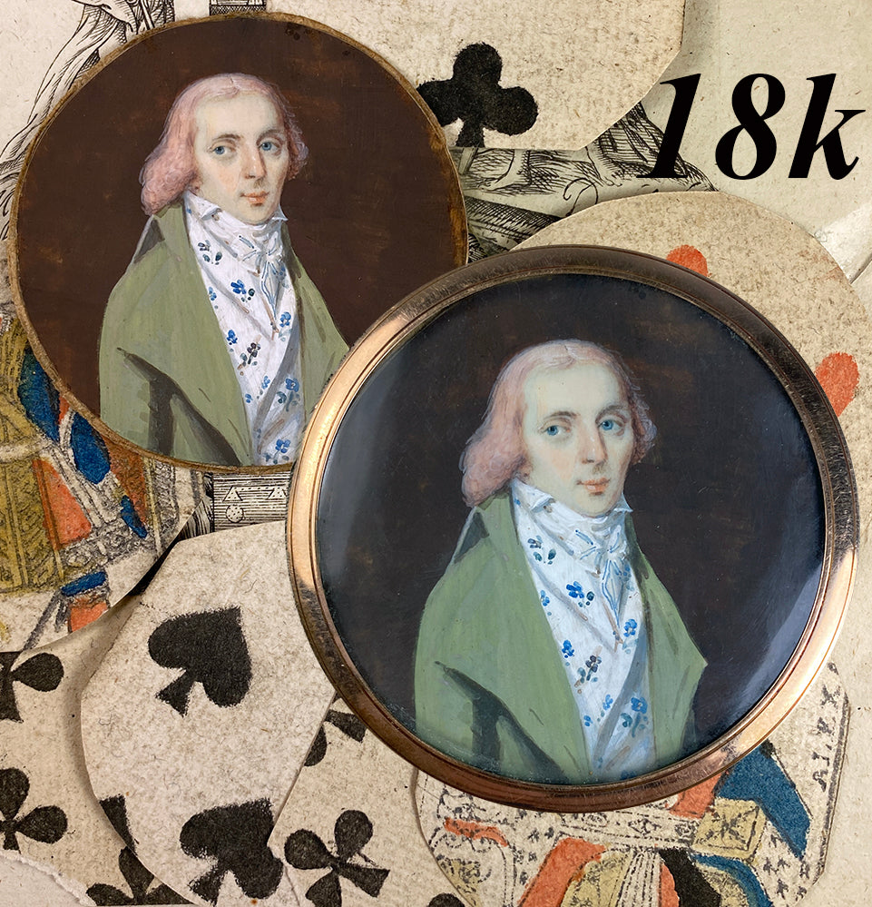 Rare 18k c.1795-99 Portrait Miniature, Incroyables Young Man Pink Hair, Luxuriants post French Revolution, Directoire