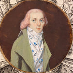 Rare 18k c.1795-99 Portrait Miniature, Incroyables Young Man Pink Hair, Luxuriants post French Revolution, Directoire