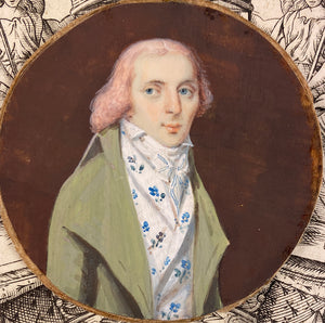 Rare 18k c.1795-99 Portrait Miniature, Incroyables Young Man Pink Hair, Luxuriants post French Revolution, Directoire