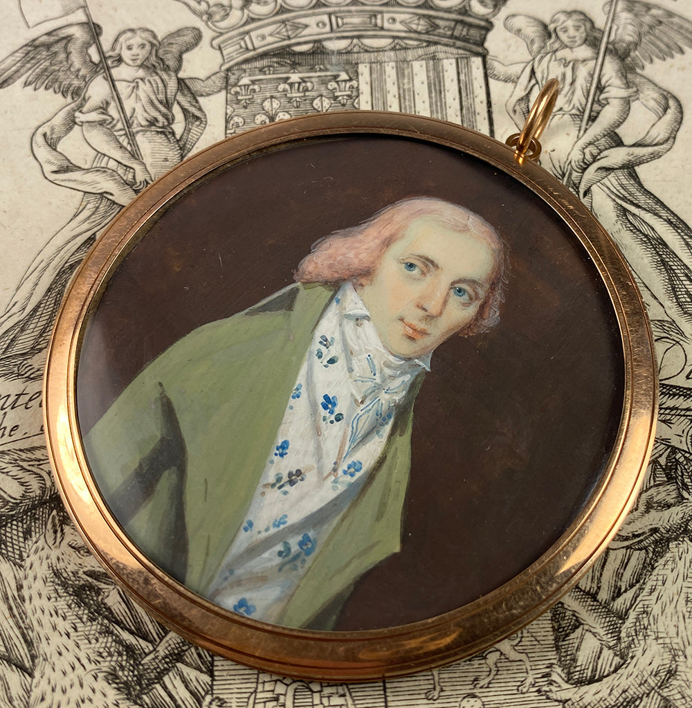 Rare 18k c.1795-99 Portrait Miniature, Incroyables Young Man Pink Hair, Luxuriants post French Revolution, Directoire