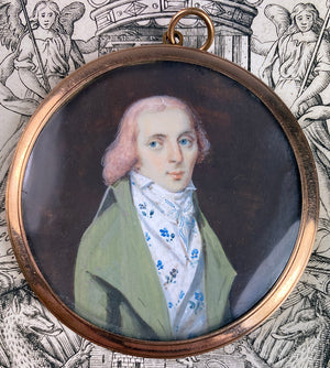 Rare 18k c.1795-99 Portrait Miniature, Incroyables Young Man Pink Hair, Luxuriants post French Revolution, Directoire