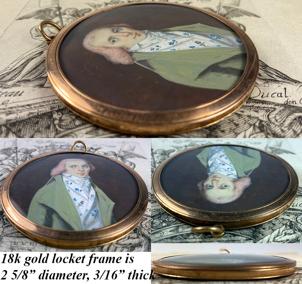 Rare 18k c.1795-99 Portrait Miniature, Incroyables Young Man Pink Hair, Luxuriants post French Revolution, Directoire