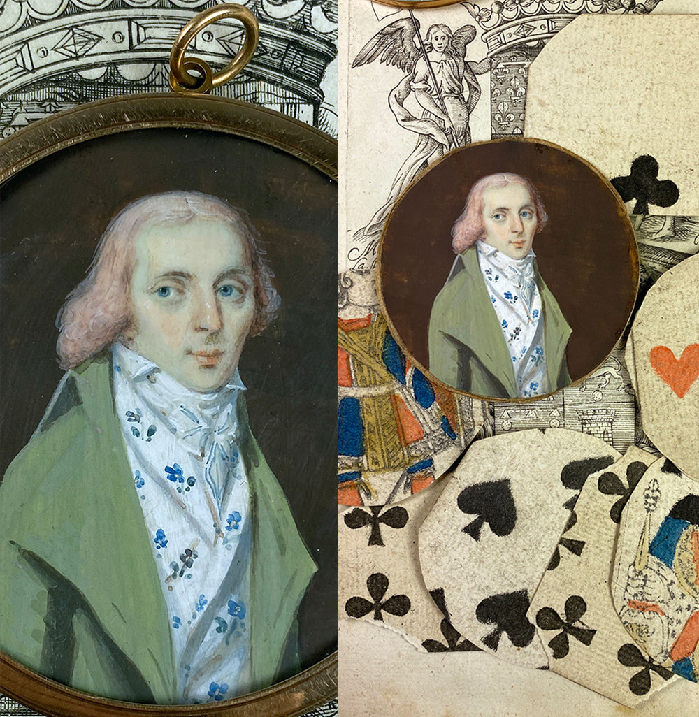 Rare 18k c.1795-99 Portrait Miniature, Incroyables Young Man Pink Hair, Luxuriants post French Revolution, Directoire