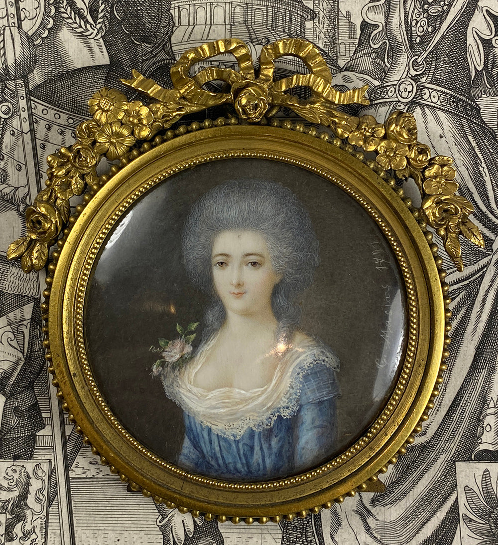 Antique French 18th c. Signed ID'd Portrait Miniature in Elaborate Bowtop Frame, Marquise Lafayette