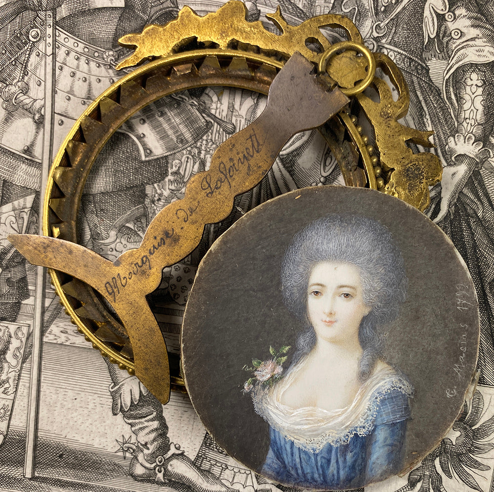 Antique French 18th c. Signed ID'd Portrait Miniature in Elaborate Bowtop Frame, Marquise Lafayette