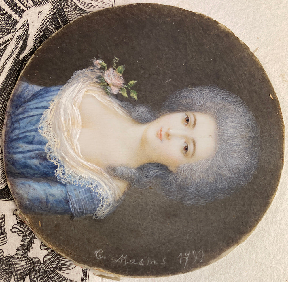 Antique French 18th c. Signed ID'd Portrait Miniature in Elaborate Bowtop Frame, Marquise Lafayette