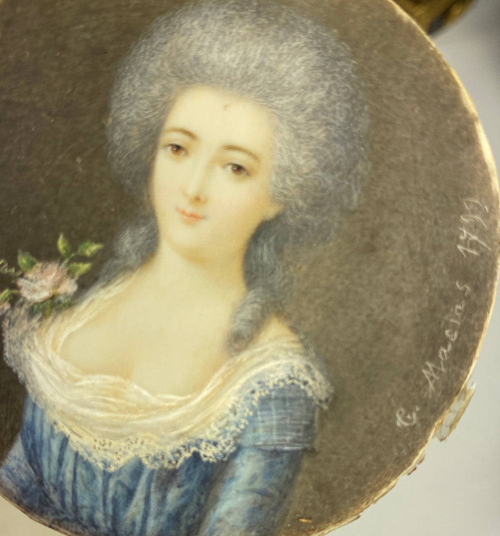 Antique French 18th c. Signed ID'd Portrait Miniature in Elaborate Bowtop Frame, Marquise Lafayette