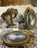 Antique French 18th c. Signed ID'd Portrait Miniature in Elaborate Bowtop Frame, Marquise Lafayette