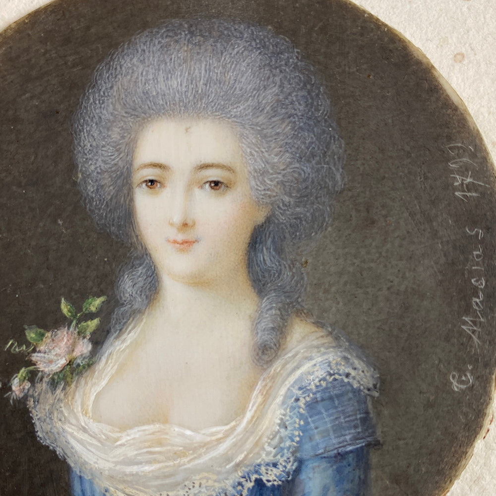 Antique French 18th c. Signed ID'd Portrait Miniature in Elaborate Bowtop Frame, Marquise Lafayette