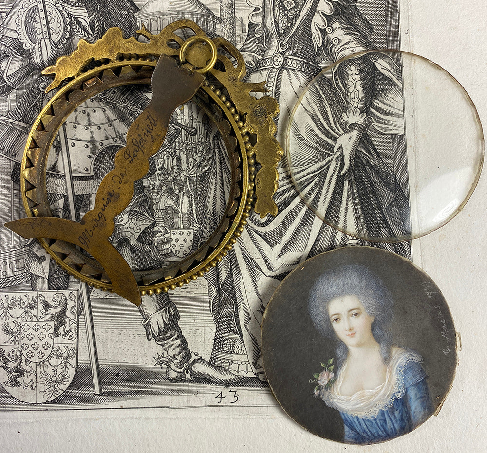 Antique French 18th c. Signed ID'd Portrait Miniature in Elaborate Bowtop Frame, Marquise Lafayette