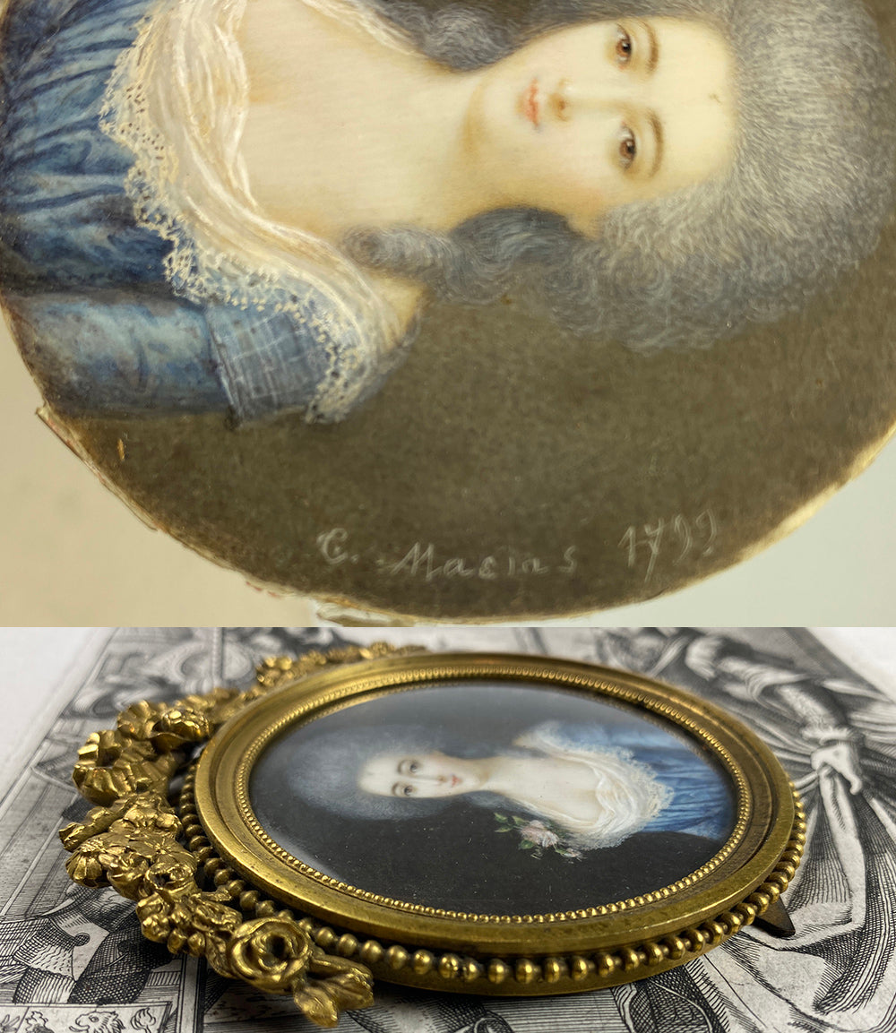 Antique French 18th c. Signed ID'd Portrait Miniature in Elaborate Bowtop Frame, Marquise Lafayette