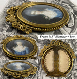 Antique French 18th c. Signed ID'd Portrait Miniature in Elaborate Bowtop Frame, Marquise Lafayette