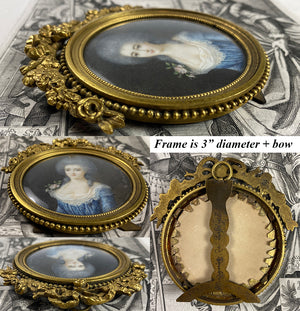 Antique French 18th c. Signed ID'd Portrait Miniature in Elaborate Bowtop Frame, Marquise Lafayette