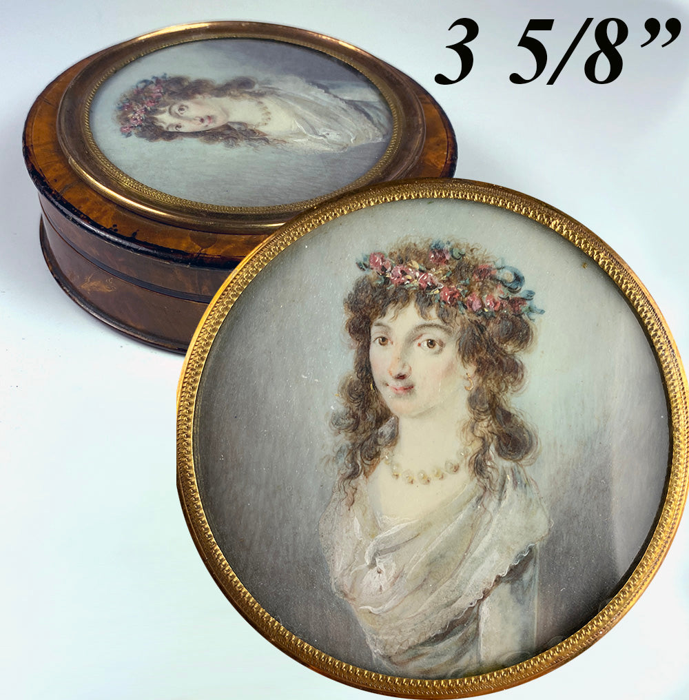 Antique French ID'd Portrait Miniature, Woman with Flower Tiara, Snuff Box c.1780s