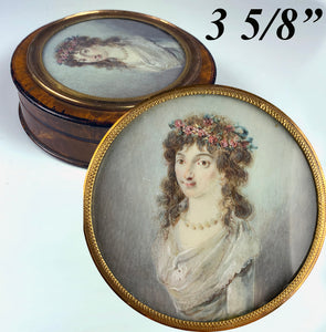 Antique French ID'd Portrait Miniature, Woman with Flower Tiara, Snuff Box c.1780s