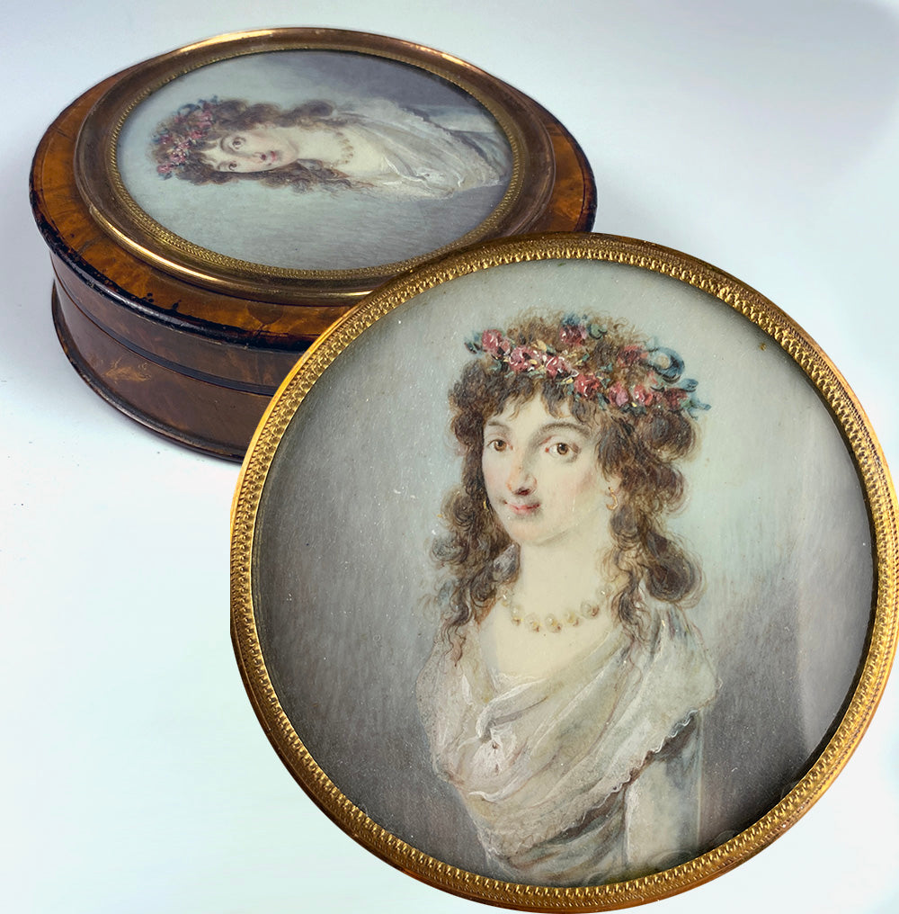 Antique French ID'd Portrait Miniature, Woman with Flower Tiara, Snuff Box c.1780s