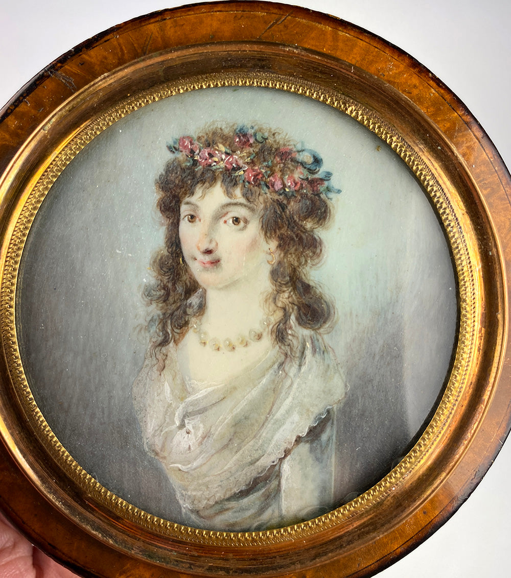 Antique French ID'd Portrait Miniature, Woman with Flower Tiara, Snuff Box c.1780s