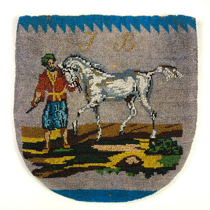 RARE Antique c.1820-30 Beaded Purse, Pouch, 1mm Glass Beads, Horse and Dogs, Figural Beadwork