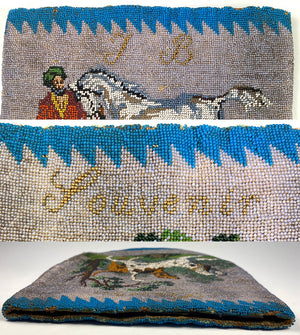 RARE Antique c.1820-30 Beaded Purse, Pouch, 1mm Glass Beads, Horse and Dogs, Figural Beadwork