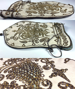 antique French Metallic Bullion and Silk Embroidery Purse, Suede Pouch, 18th Century
