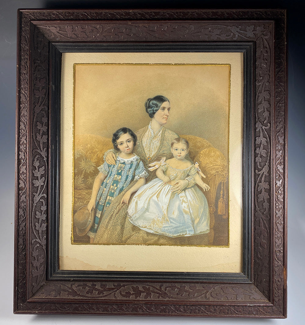 Antique Watercolor Miniature Portrait, Mother and 2 children, Theodor Schloepke, Artist signed