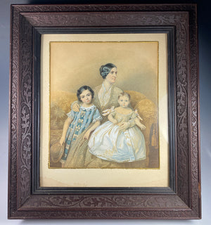 Antique Watercolor Miniature Portrait, Mother and 2 children, Theodor Schloepke, Artist signed