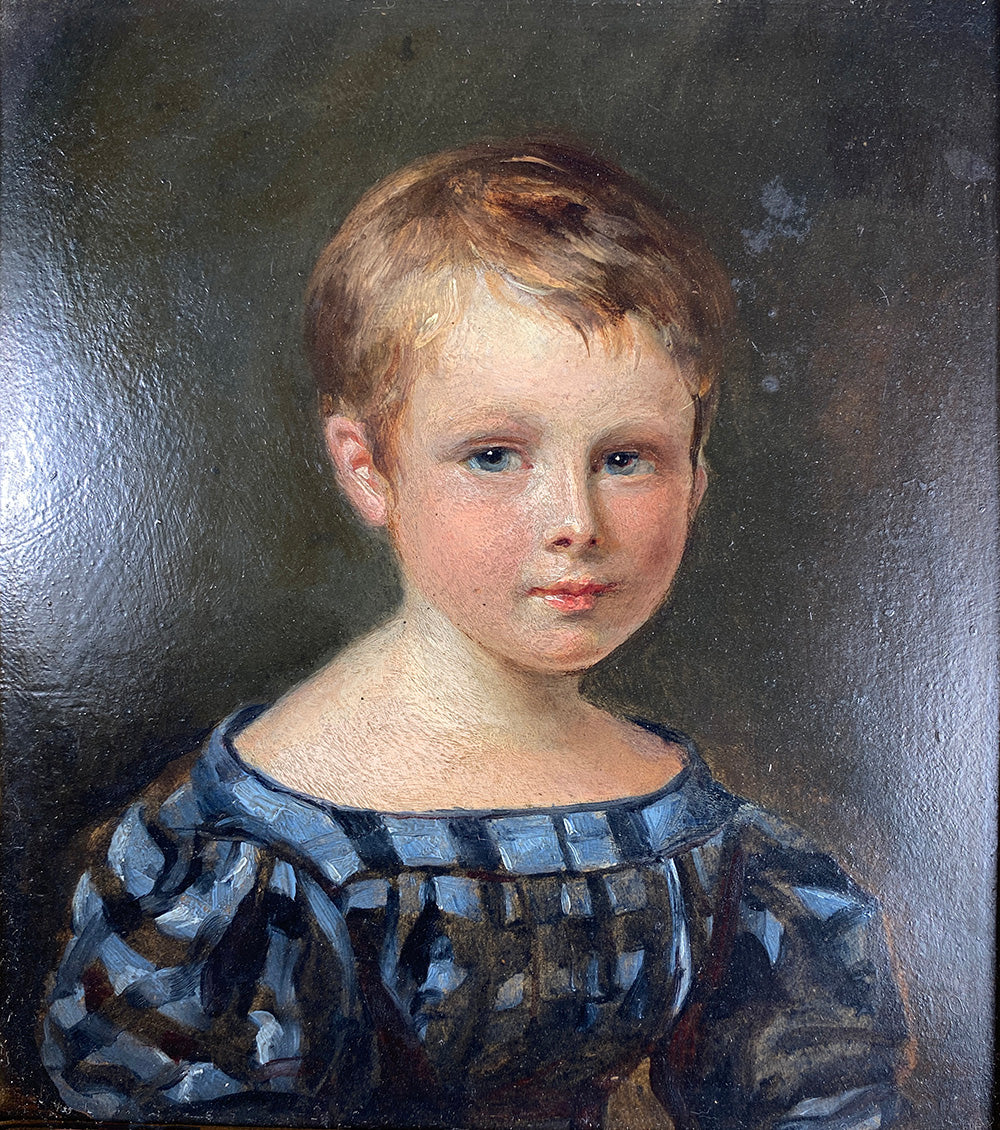 Antique Oil Painting, c.1830s Portrait Miniature of a Blond Blue Eyed Child of 4-5, A Boy, by Martin Disteli, Swiss Portraitist